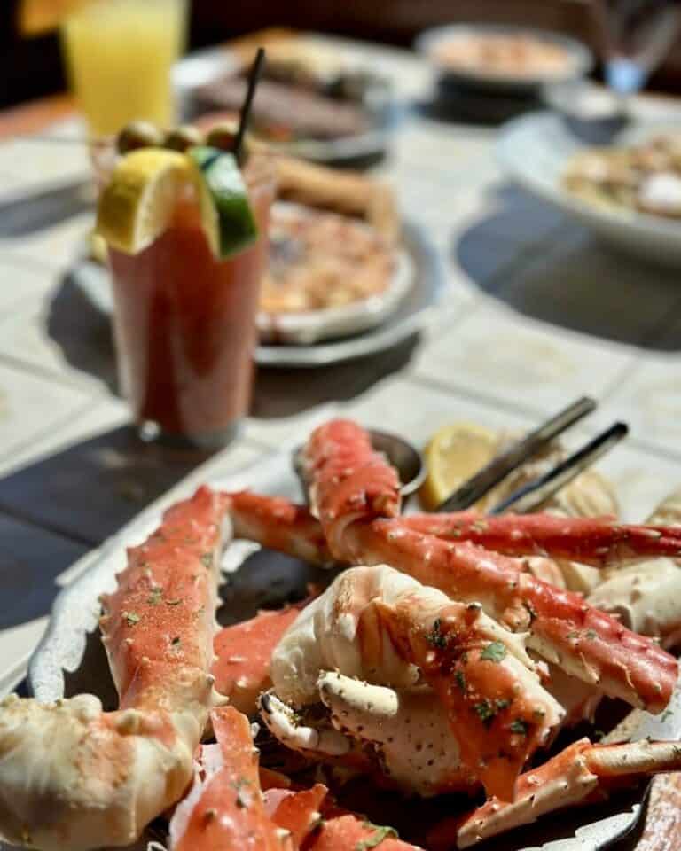 King crab legs and a Bloody Mary brunch spread at a restaurant in Ocean City, Maryland