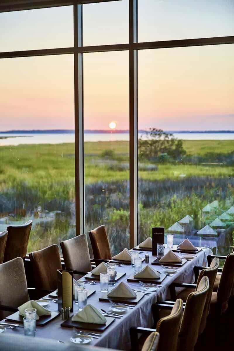Sunset view through large windows at The Hobbit Restaurant Ocean City Maryland
