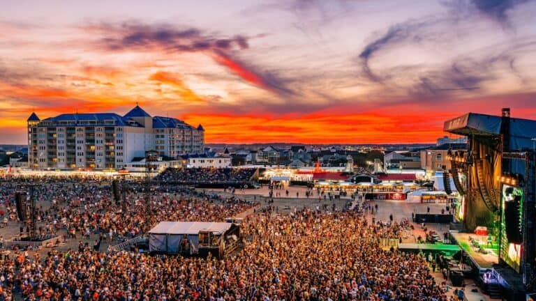 Oceans Calling Festival main stage on the beach with the Atlantic Ocean behind it in Ocean City, Maryland