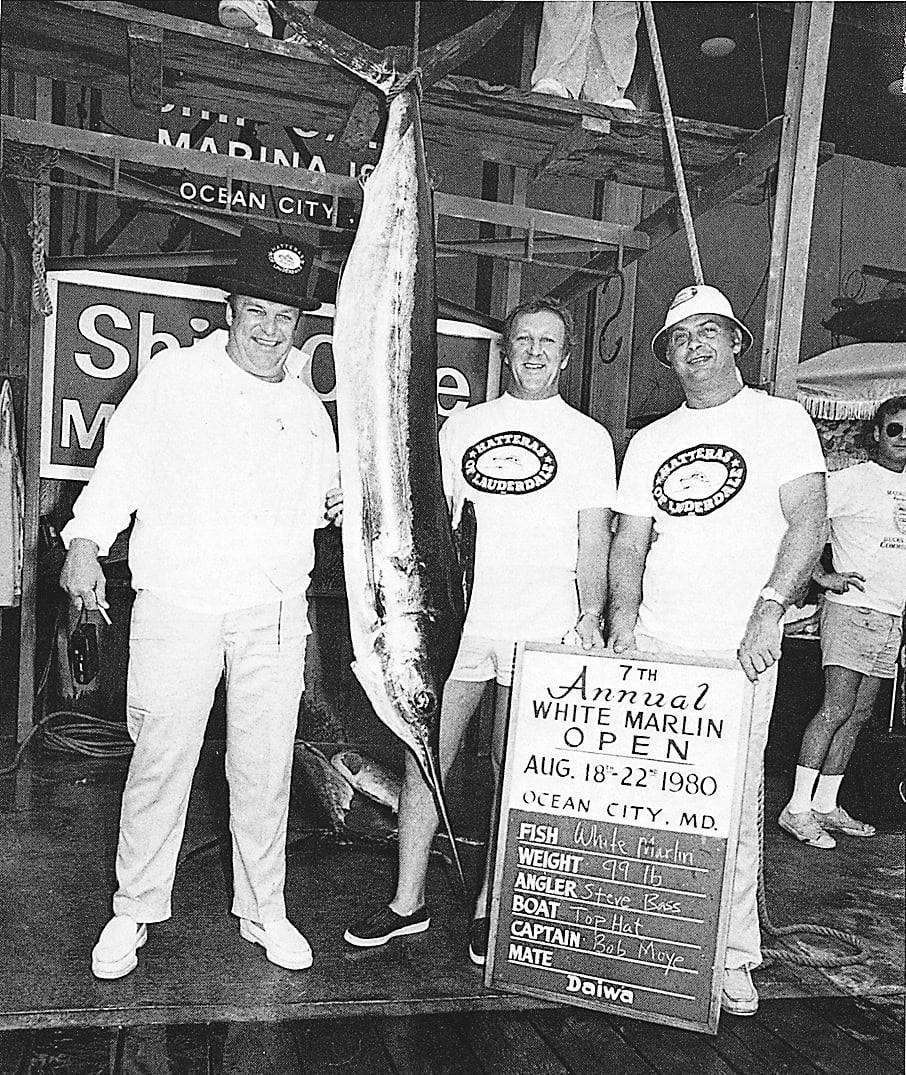 Vintage black-and-white photo of anglers weighing a white marlin at the 7th Annual White Marlin Open in Ocean City, Maryland, August 1980
