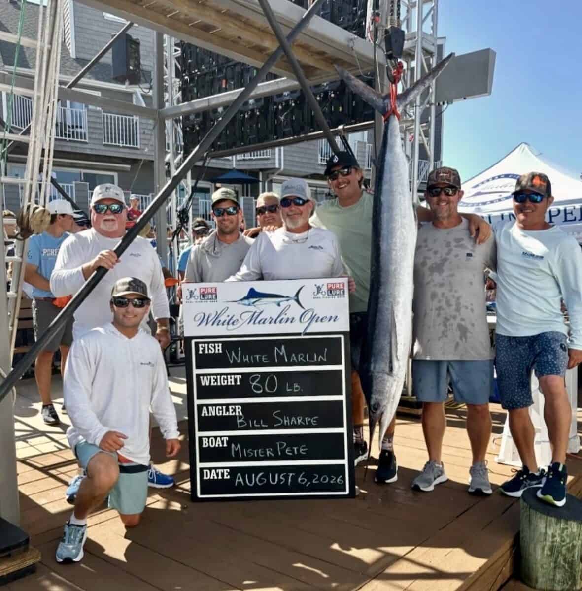 Bill Sharpe and the Mister Pete crew with an 80-pound white marlin at the White Marlin Open 2026 weigh-in in Ocean City, MD