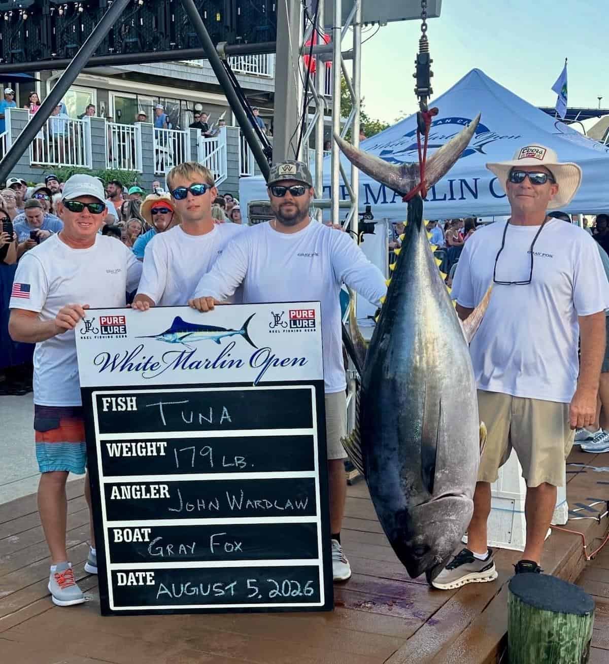 John Wardlaw and the Gray Fox crew with a 179-pound tuna at the White Marlin Open 2026 weigh-in in Ocean City, MD