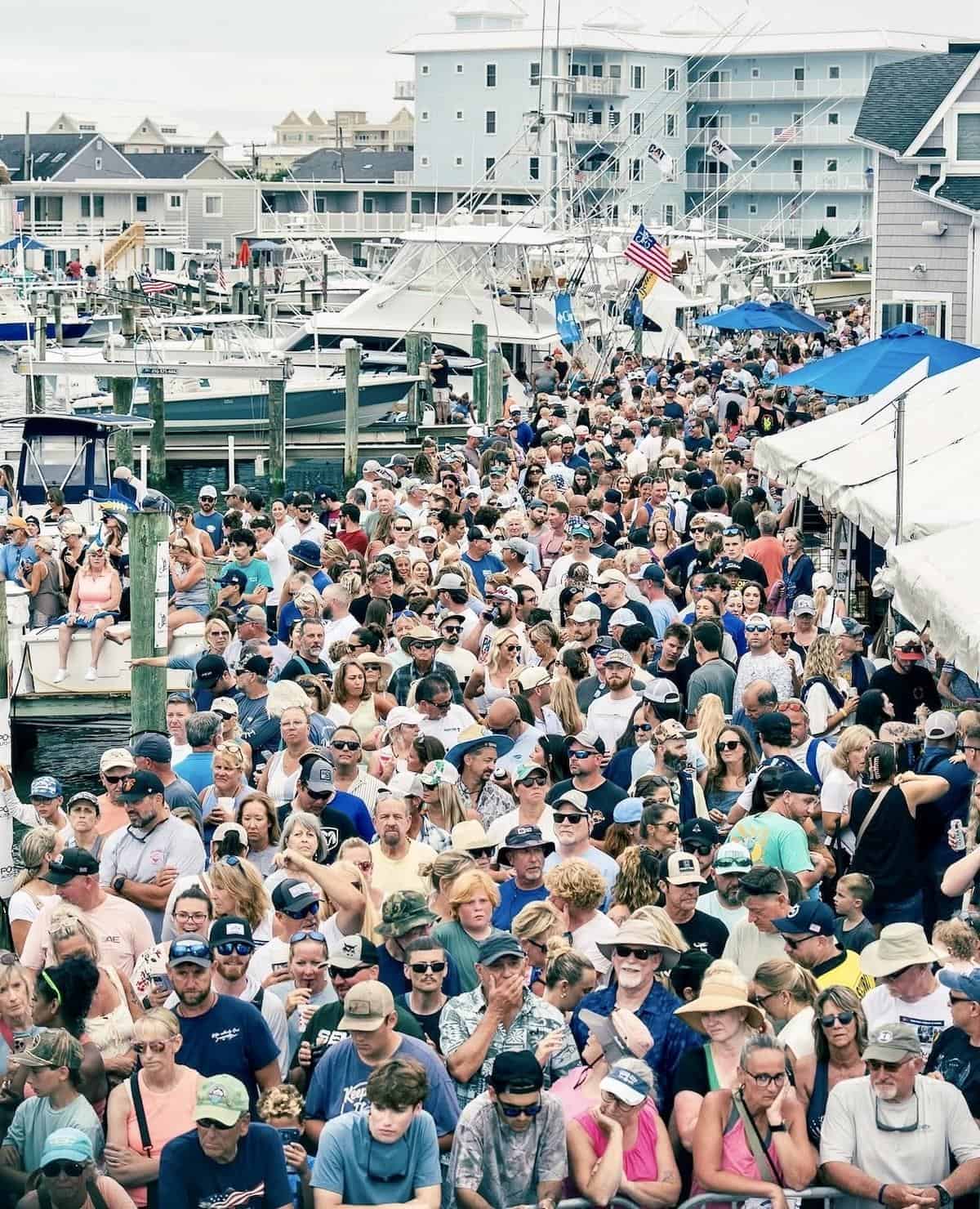 Thousands of spectators packed into Harbour Island Marina for the daily weigh-ins at the White Marlin Open 2026 in Ocean City, MD